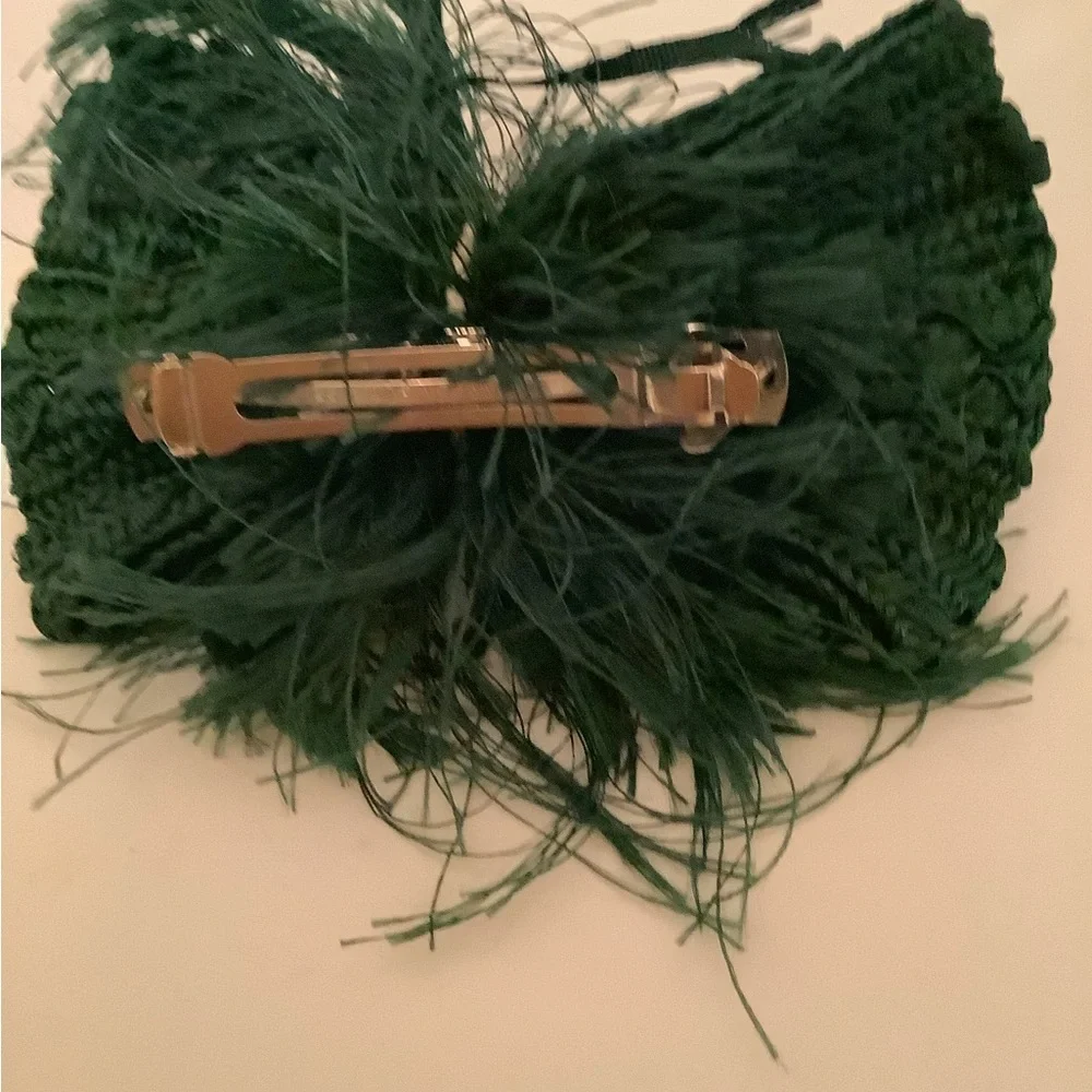 Vintage made in France large silk knit fringe pearl center hair barrette 7x4